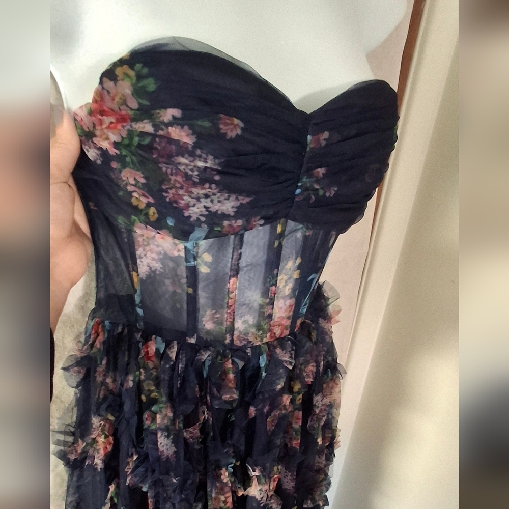 Lulu's Multicolor Floral Strapless Ruffle Gown Dress - Picture 2 of 11